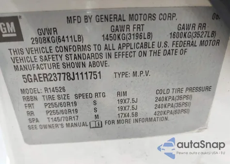 2008 Buick Enclave Cxl из США, поврежденный, VIN 5GAER23778J111751